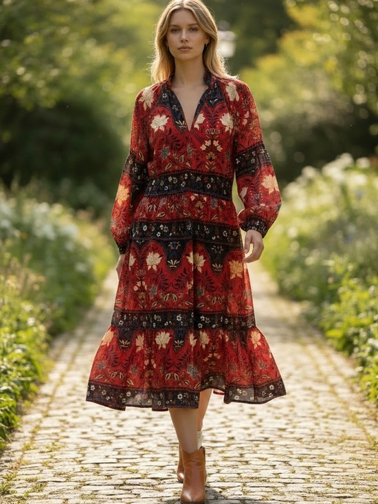 LOFT Dresses & Skirts - LOFT Red Floral V-Neck Tiered Midi Dress